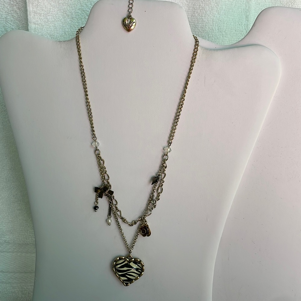Betsey Johnson Gold Tone Adjustable Zebra Heart Necklace.